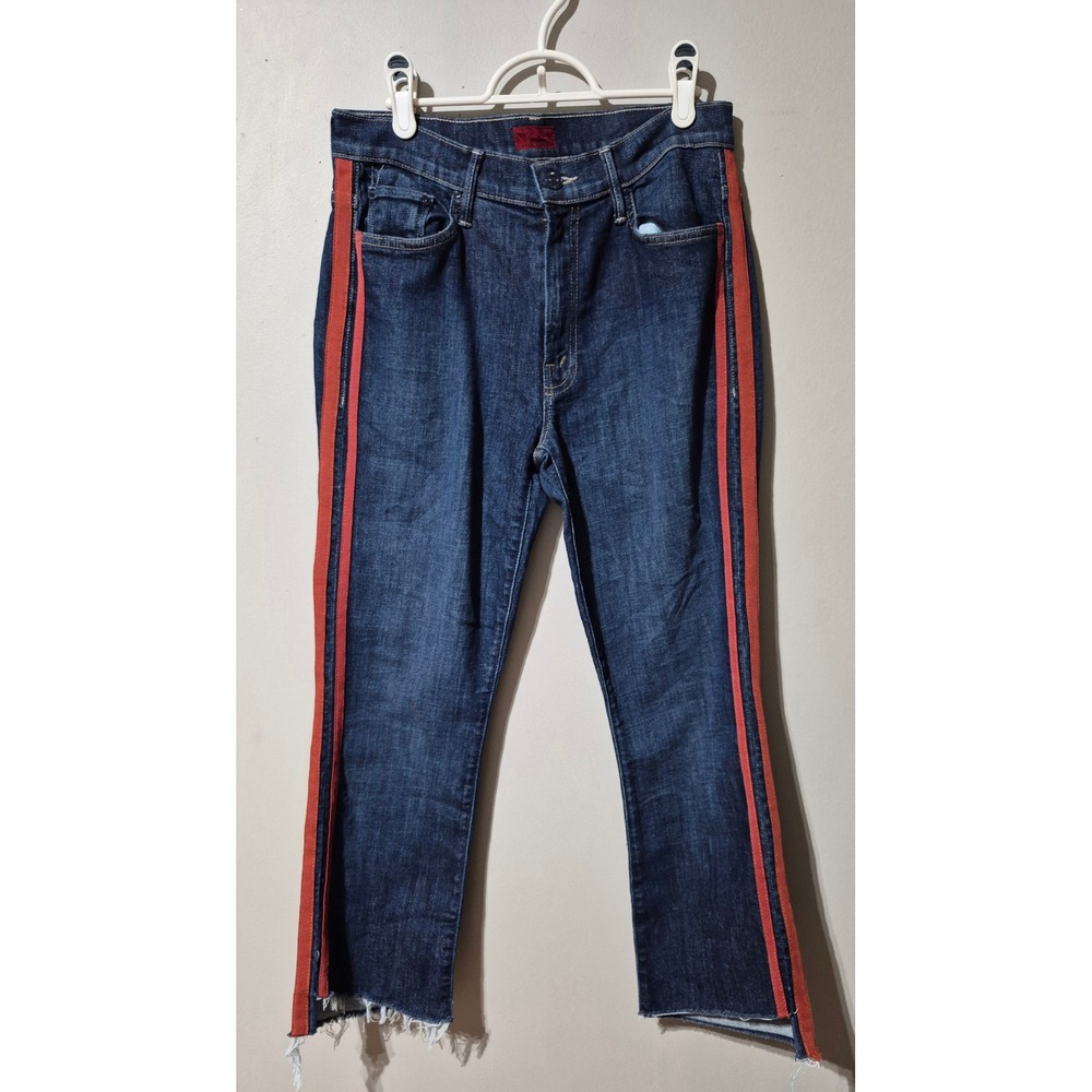 Mother Insider Crop Step Fray Speed Racer Jeans Dark Wash Red Stripe Size 29